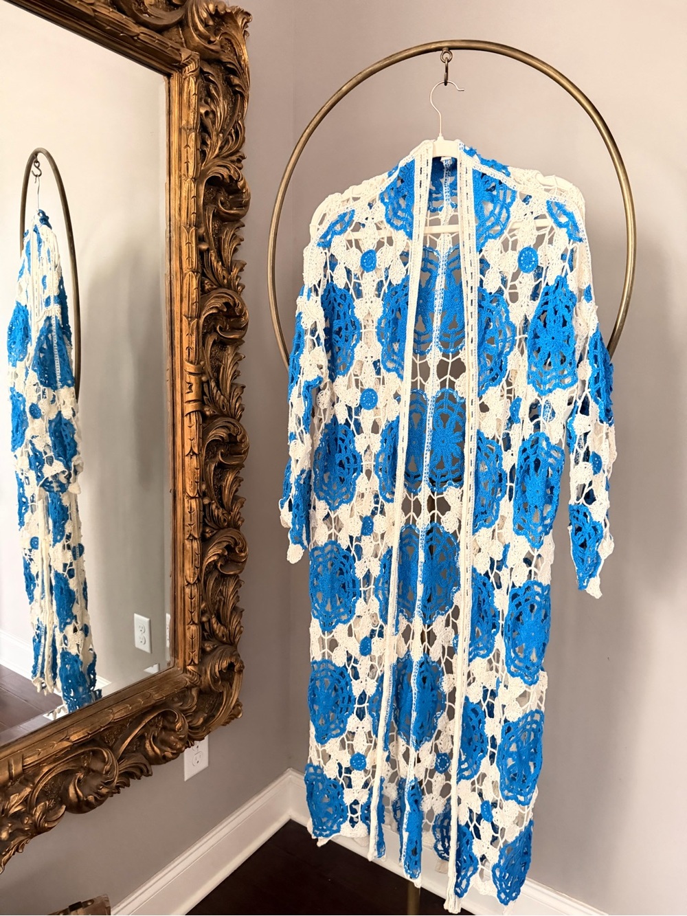 NWOT Crochet Longline Open Duster Cardigan - Blue & Cream